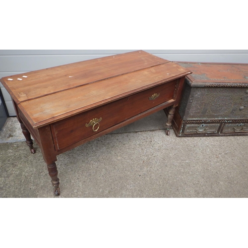 747 - A Spanish style blanket box with brass decoration, together with a low side table (a/f) (2)