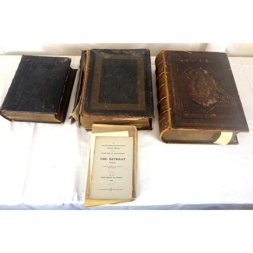 601 - A Large family bible together with two further bibles and The Retreat Annual Report booklets  ALL AS... 