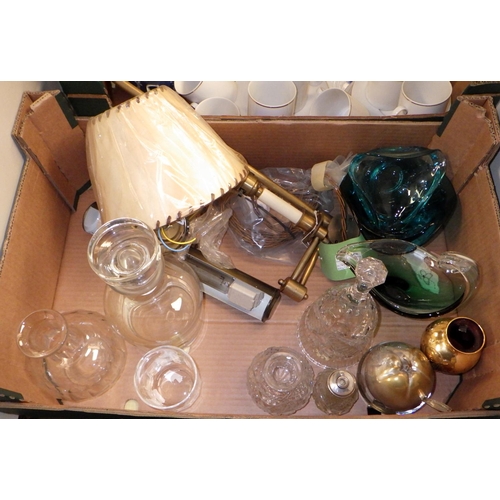 214 - Two boxes of misc to include a Brass picture light, reading light, ceramics and glass