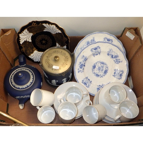 214 - Two boxes of misc to include a Brass picture light, reading light, ceramics and glass