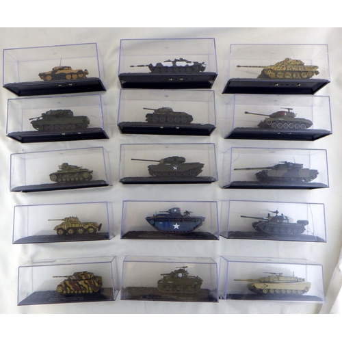 104 - A group of 15 military tanks in display boxes, some boxes af (16)   628619