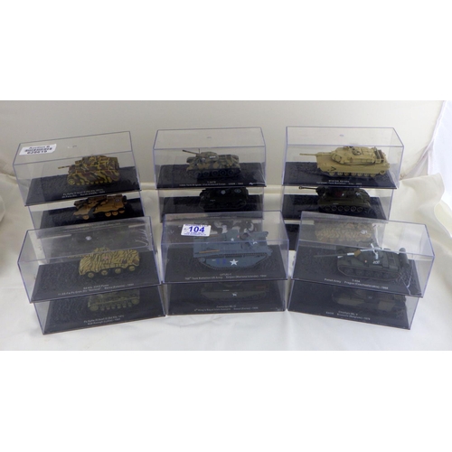 104 - A group of 15 military tanks in display boxes, some boxes af (16)   628619