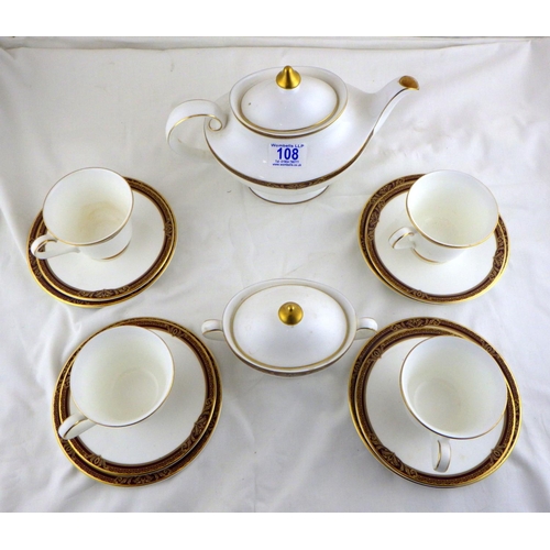 108 - A Royal Doulton Tennyson part tea service (stained) to include teapot, sugar bowl & 4 trio's