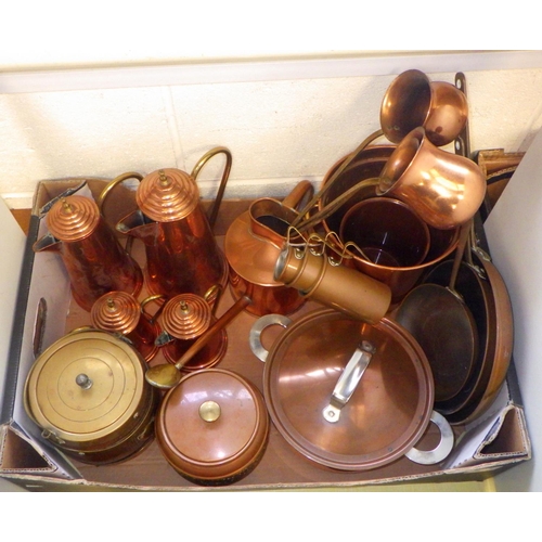 113 - A set of four copper pots together with further copper pans etc and a biscuit barrel cracked liner  ... 