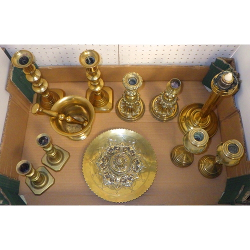 127 - A qty of 19thC and later brass candlesticks, ink stand etc 412777 & 412771