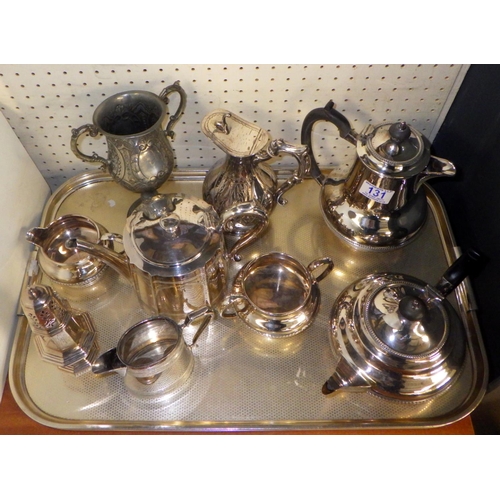 131 - A 3pc silverplated tea set together with further silver plate tea ware, sifter etc 412766