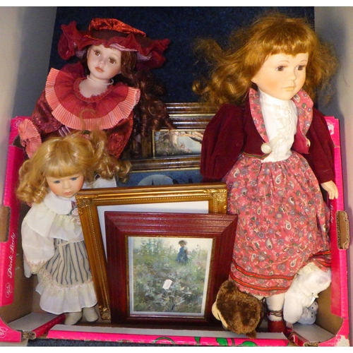 173 - A group of three porcelain faced dolls together with fairy pictures