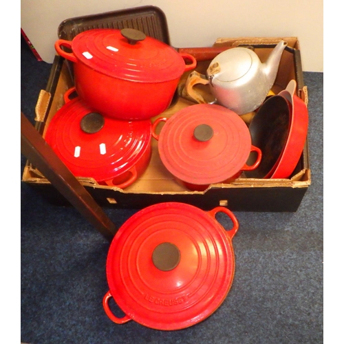 174 - A group of four well used (burn marks) Le Creuset casserole pans etc