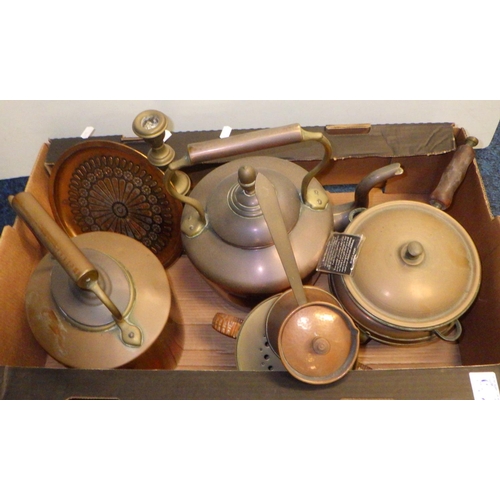 175 - Two boxes of misc metal wares to include copper kettles, pans, brass fire accessories etc (2)