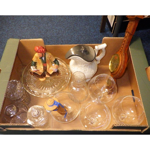 179 - Two boxes of misc glass ware together with a qty of misc cups etc to include a Royal Doulton figure,... 