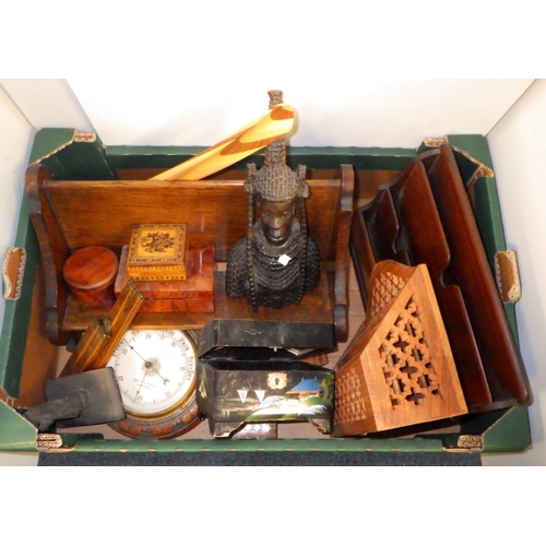 200 - A group of misc wooden wares to include 19th C oak barometer, desk stand, book rack etc