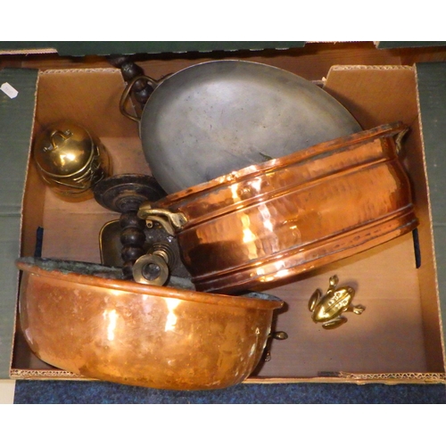 210 - Three boxes of misc copper, pewter and brass etc (3)