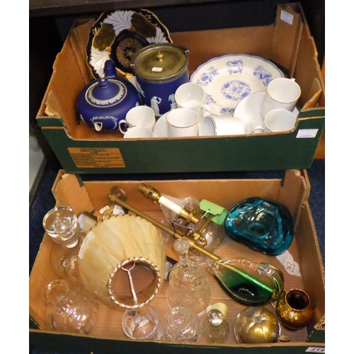 214 - Two boxes of misc to include a Brass picture light, reading light, ceramics and glass