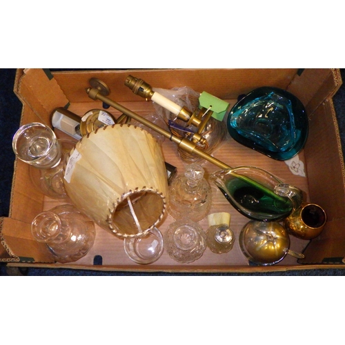 214 - Two boxes of misc to include a Brass picture light, reading light, ceramics and glass