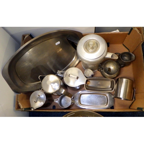 240 - A Brass jam pan together with a qty of stainless steel tea ware