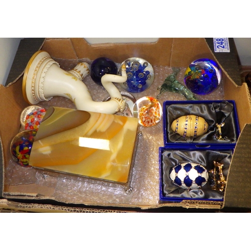 248 - A small qty of misc ceramics and glass to inlcude paperweights, onyx box etc together with a dressin... 