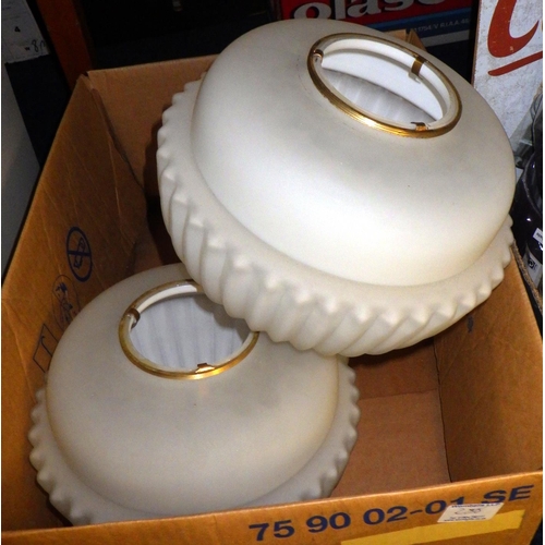 280 - Three milk glass lamp shades together with a qty of further shades, pendant light etc (qty)