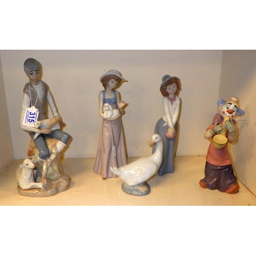 315 - A Boxed Lladro figure together with four Nao figures and a Casades shepherd (small chip to ear of la... 