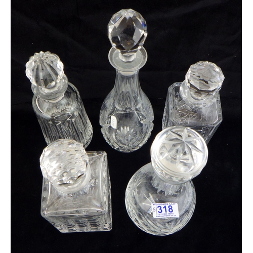 318 - Five cut glass decanters