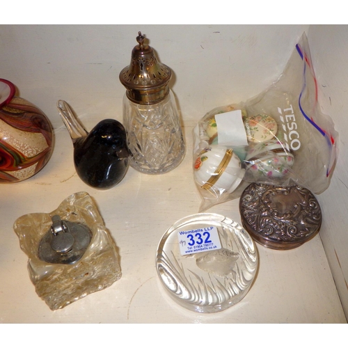 332 - A group of misc art glass, silver topped cut glass sifter, pill boxes etc