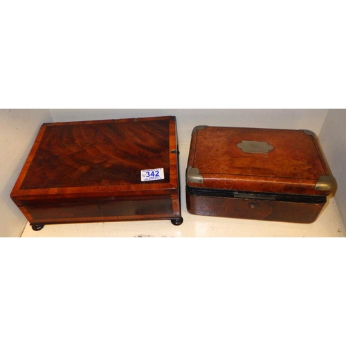 342 - A 19thC mahogany cross banded box together with a leather jewellery box both af (2)