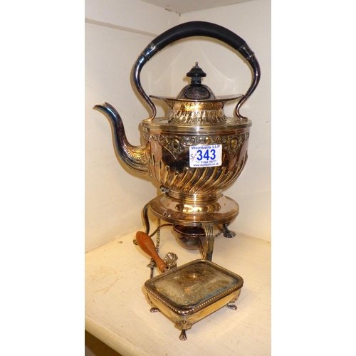 343 - A silver plated spirit kettle together with a pair of ormolu urns mounted etc