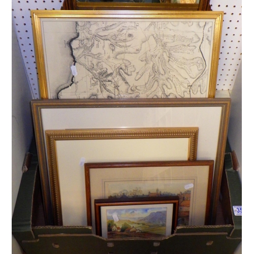 352 - A vintage Stokesley Auction poster together with a mahogany framed mirror, coastal oil on canvas, pr... 