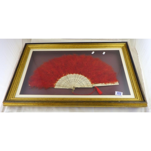 353 - A framed vintage bone handle fan