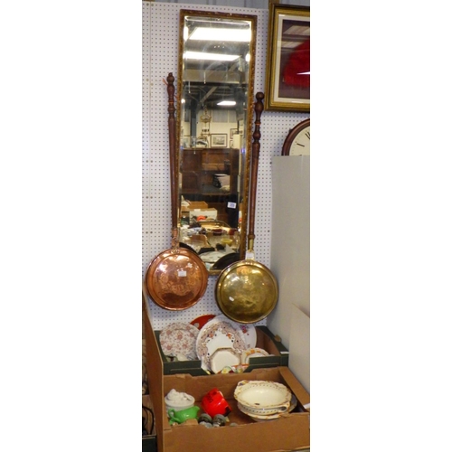 355 - Proceeds to RNLI. Two 19thC bed warmers, misc ceramics and a gilt bevelled hall mirror (5)