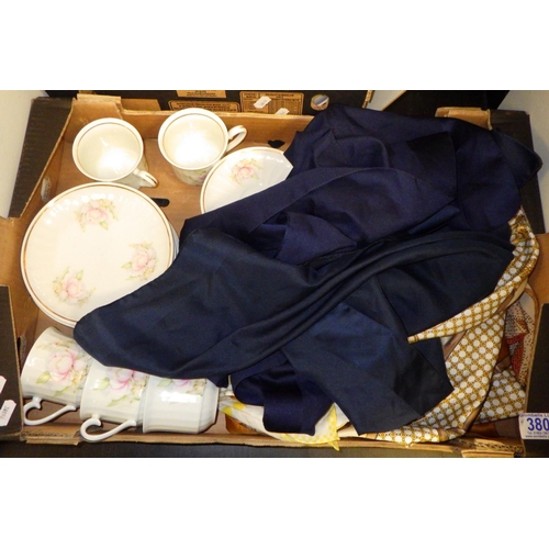 380 - Two Royal Copenhagen plated, misc ceramics, barometer, tea ware, scarves, gin glass etc (2)