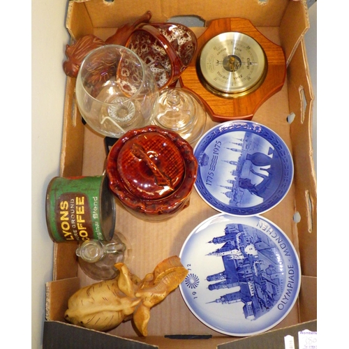 380 - Two Royal Copenhagen plated, misc ceramics, barometer, tea ware, scarves, gin glass etc (2)