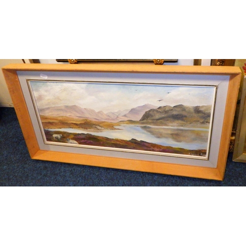 396 - A large oil on board still life together with M Neville oil on board landscape, W Russell coastal wa... 