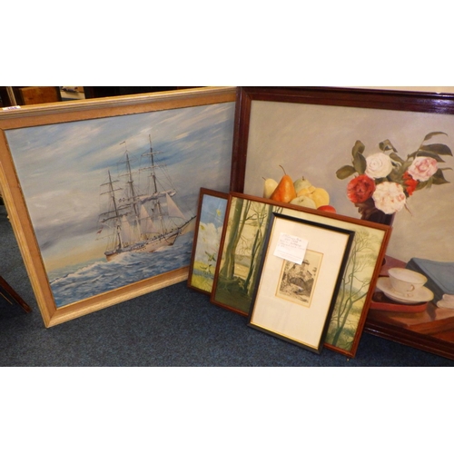 398 - A large oil on board of a sailing boat at sea signed Michael J Wood together with a large Mark Rose ... 