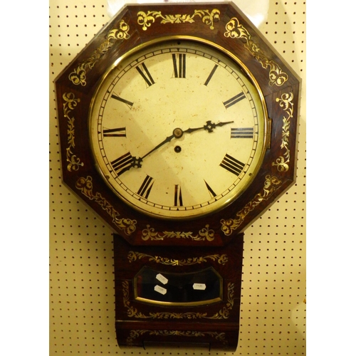 404 - A Victorian Rosewood mother of pearl inlaid drop dial fusee wall clock 72cm x 45cm wide AF