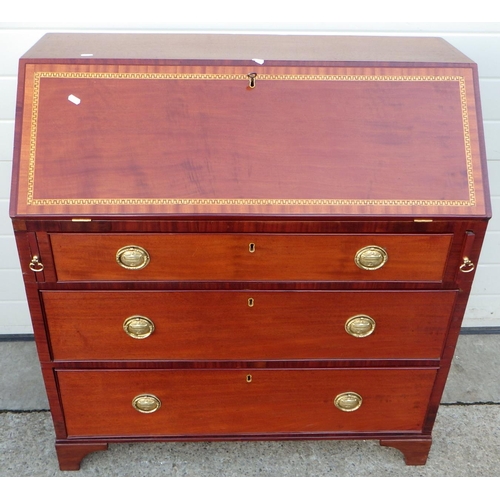 605 - A mahogany & inlaid bureau, 99cm wide