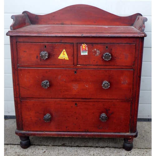 614 - A Victorian stained pine chest of drawers with gallery back and glass handles, 91cm wide