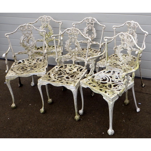 671 - Two white painted aluminium garden tables together with six chairs