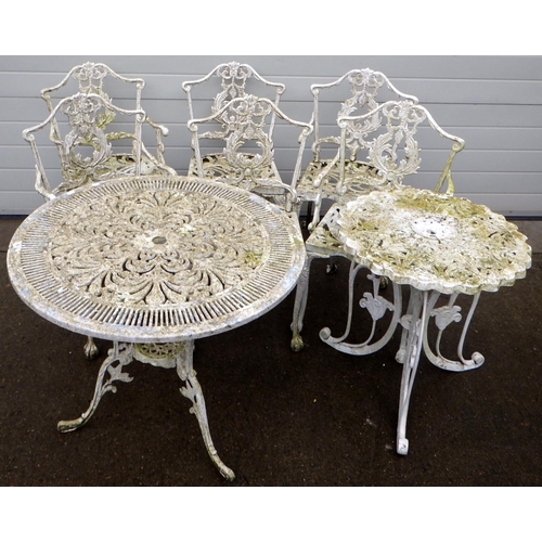 671 - Two white painted aluminium garden tables together with six chairs