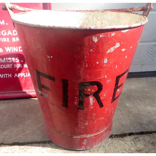 729 - Two metal fire buckets and a painted Fire Orders board  49cm x 41cm (3) (ex York Minster Stores)