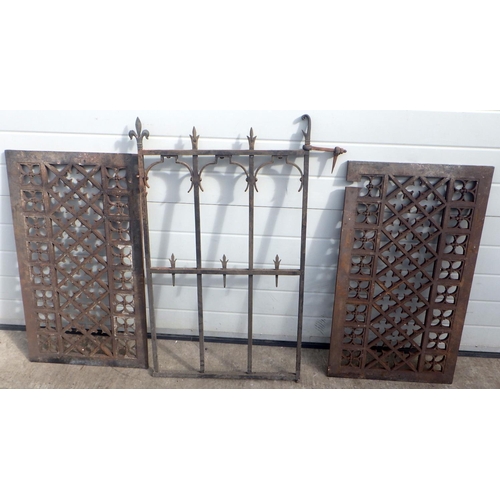 747 - A wrought iron gate 62cm x 99cm together with two floor grilles, one with section cut out (3) (ex Yo... 