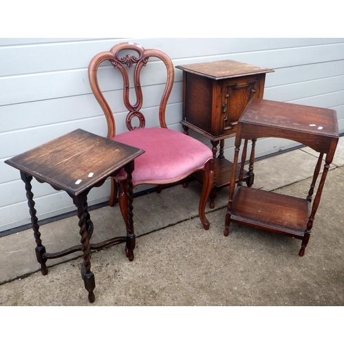 781 - A 1930's oak smokers/bedside cabinet, barleytwist occasional table, another occasional table & a bal... 