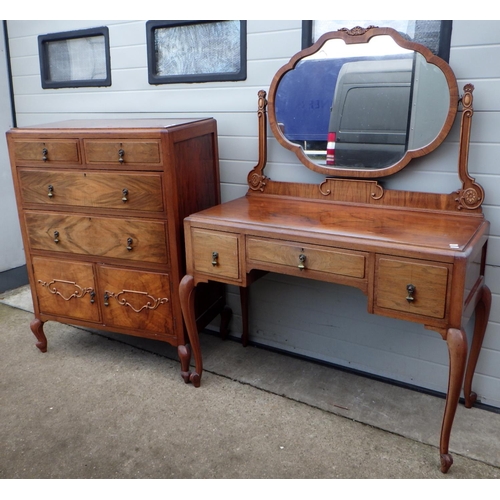 782 - A 1930's walnut dressing table 120cm wide together with a matching chest, marks (2)