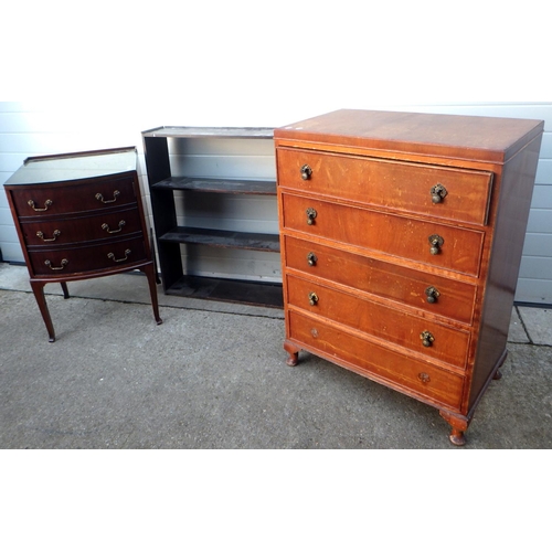 786 - A mahogany cupboard, walnut/ply chest, missing two handles & stained set of shelves (a/f) (3)