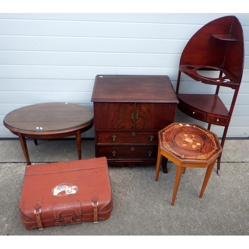 807 - A corner washstand, two occasional tables, chest & suitcase (5)