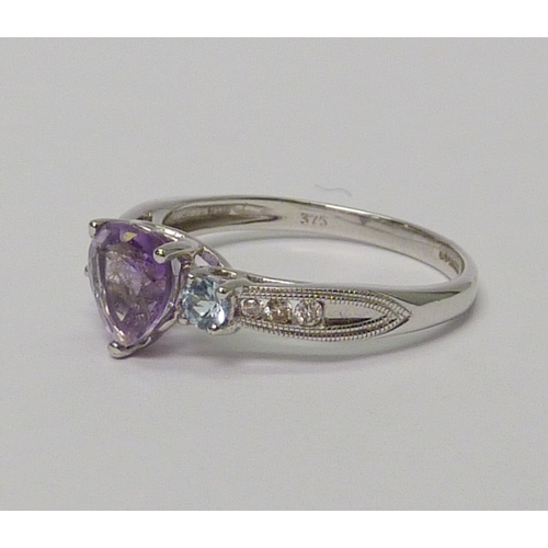 1 - 9ct white gold heart shaped amethyst & topaz three stone ring with diamond set shank.  Approximately... 