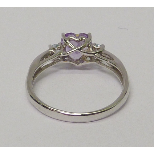 1 - 9ct white gold heart shaped amethyst & topaz three stone ring with diamond set shank.  Approximately... 