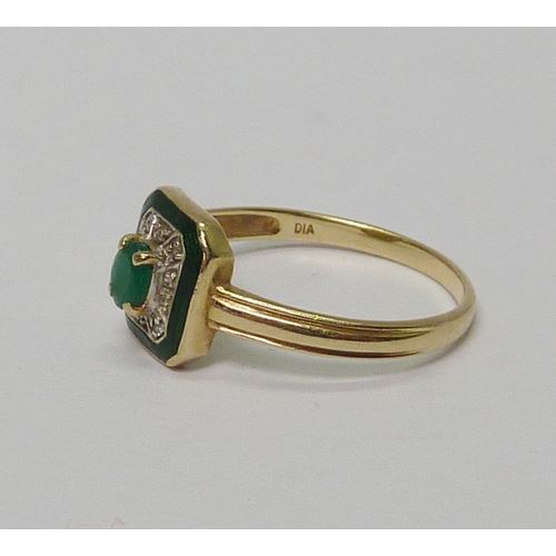 15 - A dress ring, 14ct gold set with emerald and diamond in a green enamel halo.  Late 20th cent.  Appro... 