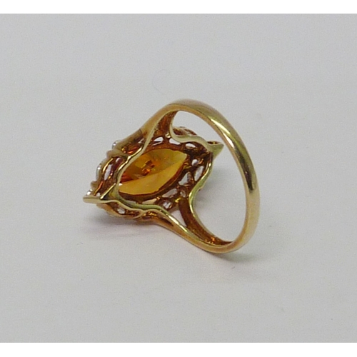 20 - A 14ct gold marquise cut synthetic yellow sapphire & clear gemstone dress ring.  Approximately 3.5gr... 