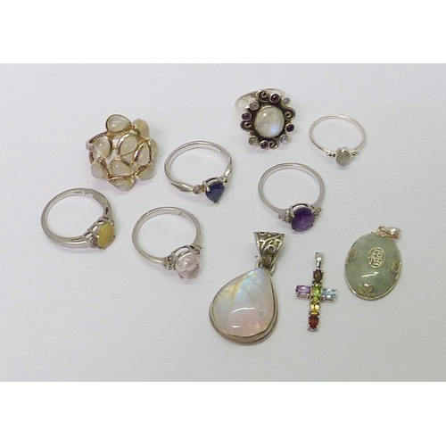 34 - Seven various rings set with semi-precious stones, incl white metal examples; three various pendants... 