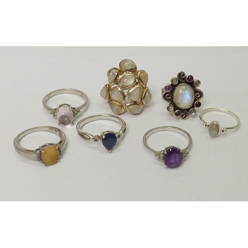 34 - Seven various rings set with semi-precious stones, incl white metal examples; three various pendants... 